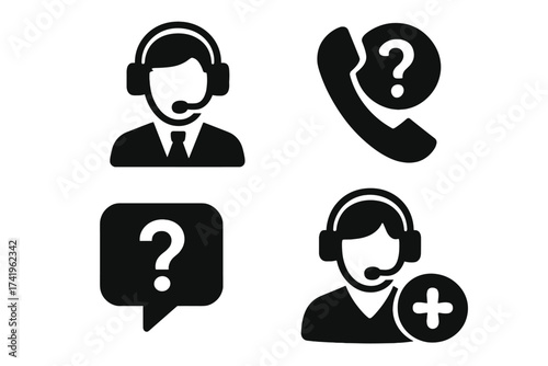 Customer service icon set. Vector collection of help & support symbols. Call center operator, agent with headset, phone with question mark, chat bubble for FAQ & assistance.