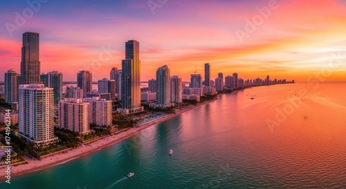 Wallpaper Mural A vibrant panoramic cityscape at dusk featuring numerous tall buildings lining a sandy beach alongside a colorful ocean all under a stunning orange and pink sky Torontodigital.ca