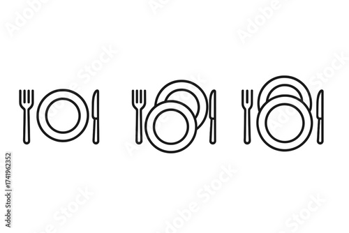 Portion control icon set vector. Serving size for diet and nutrition. Small, medium, and large meal amount illustration. Plate, fork, knife outline symbol for food concept.