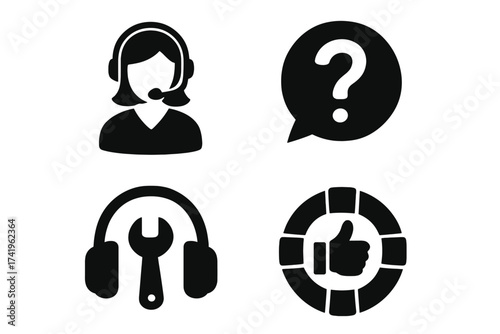 Customer service icon set. Help support, contact us concepts. Vector symbols of a call center operator, FAQ question mark, technical assistance, and client satisfaction guarantee.