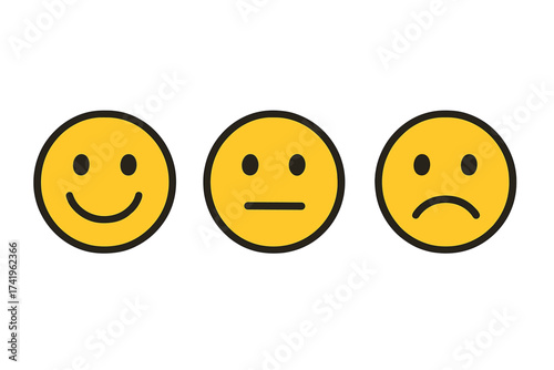 Mood icon design set showing expressions happy, neutral, sad. Smiley face vector illustration for customer feedback, satisfaction rating scale, emotional state survey concept.