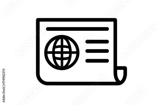 International news vector icon. Global newspaper symbol for world press, media and journalism. Communication and publication concept. Article with globe illustration design.