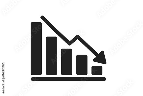 Decreasing bar graph icon with a declining arrow. Concept of financial crisis, stock market crash, and business recession. Downward trend symbol for economic collapse or failure.