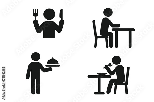 Restaurant and dining icons set. Man eating food symbol, person sitting at table, holding fork and knife. Waiter serving meal pictogram for cafe menu and catering service vector.