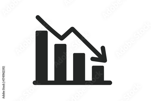 Decreasing bar graph icon. Chart declining arrow symbol. Financial crisis, business failure, market crash, recession, bankruptcy concept. Downward trend vector analysis.