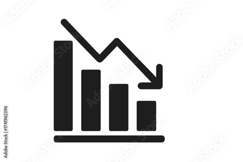 Decreasing graph symbol. Chart with declining arrow icon. Recession vector concept. Financial crisis, market loss, business failure metaphor. Downward trend analysis diagram.