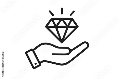 Hand holding diamond line icon. Precious gem, valuable jewelry concept. Offering quality service, premium product. Core values, wealth and luxury symbol. Vector illustration.