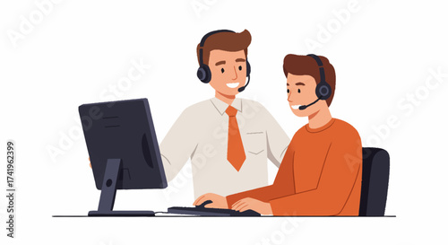 Two call center employees assisting each other, working together with headsets at a computer.