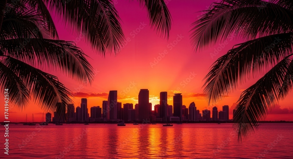 Obraz premium A vibrant sunset over a city skyline framed by silhouetted palm fronds Tall buildings reflect golden hues on the calm water where several boats gently rest