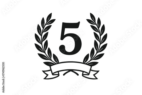 5 years anniversary icon vector. Number five in laurel wreath with ribbon. Fifth anniversary logo. Jubilee celebration symbol. Winner award emblem. Success and achievement sign.