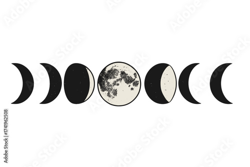 Phases of the moon vector illustration set. Lunar cycle from new to full moon. Celestial, astrology, spiritual, and esoteric concept. Grunge texture on a transparent background.