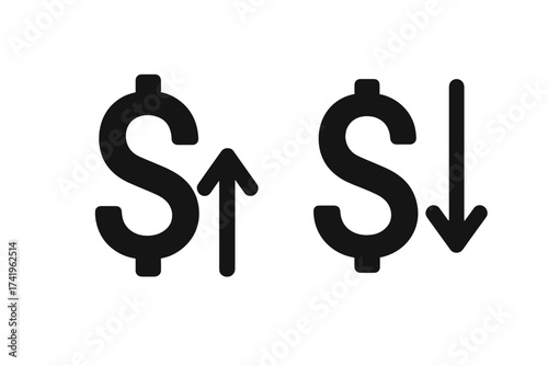 Dollar sign with up and down arrows. Price or cost change icon set. Inflation, deflation, profit, loss symbol. Financial growth and recession. Currency exchange rate concept.