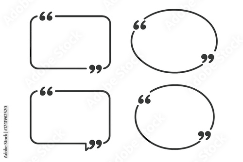 Quote message speech bubble vector template set. Blank quotation frame illustration for citation, mention, testimonial, or comment. Simple line art text box collection.