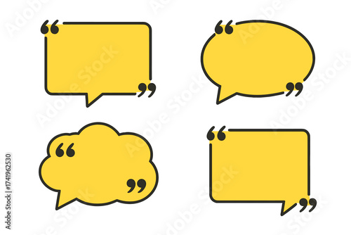 Quote message speech bubble vector template set. Quotation frame illustration for citation, mention, or review. Empty text box for testimonial. Dialogue balloon icon.