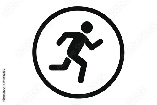 Running man icon in circle. Run symbol for sport, fitness and workout. Vector sign for marathon, sprint or jogging. Cardio exercise concept. Emergency exit or escape pictogram.