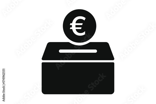 Donation box with euro coin icon vector illustration. Saving or charity concept. Financial support symbol. Moneybox pictogram for investment, savings, or fundraising design.