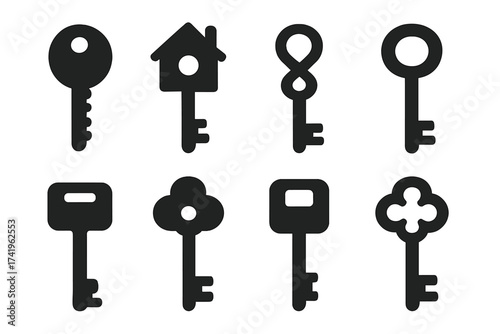 Key icon set vector collection. House, car, and vintage keys silhouette. Symbol of access, security, and opportunity. Real estate logo element. Lock and unlock pictogram design.