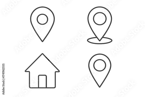 Address icon outline vector set. Map pin, location, and home symbol illustration. Navigation element concept. GPS marker, destination pointer for web and app design.