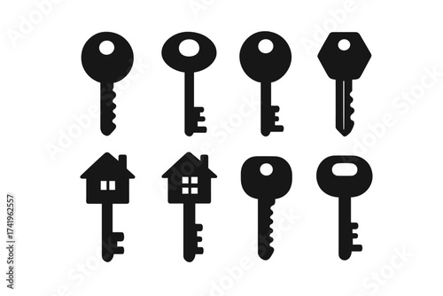 Key icon set. House key silhouette collection. Real estate logo element. Home security symbol. Vector for buying property, access, privacy, unlocking. Door lock mechanism.