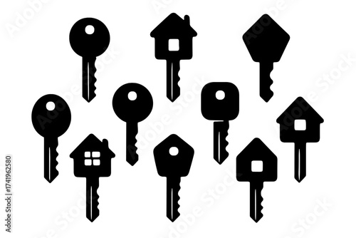 Key icon set vector collection. House and door keys silhouettes. Real estate, new home, property ownership concept. Security, lock, access, and opportunity symbol design.