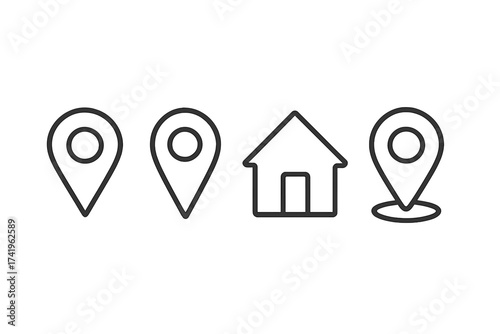 Address icon outline vector set. Map pin, location, home and place symbol illustration. Navigation element concept. GPS marker, pointer for web, app design isolated on white.