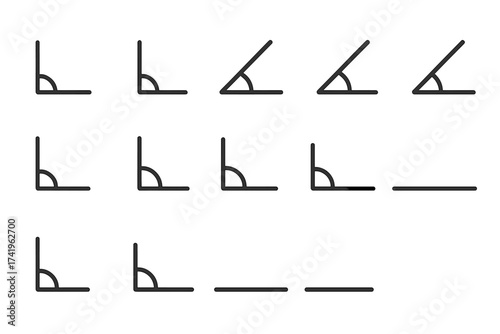Angles vector icon set. 15, 30, 45, 90, 180 degrees. Geometry mathematics symbol. Measure rotation corner sign. Geometric shape line drawing for education and infographic.