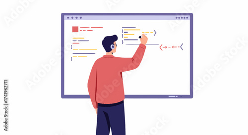A male programmer, seen from behind, writing code on a large digital screen or whiteboard.