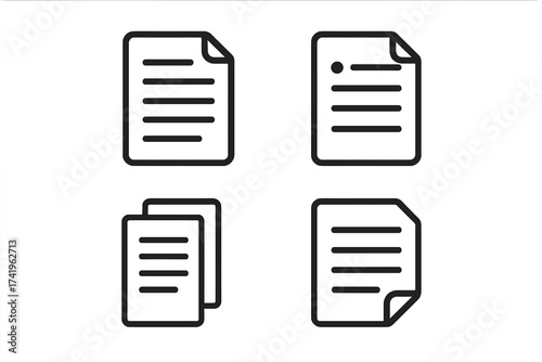 Document icon set. File and paper sheet symbol. Page, note, list, text, form, report, contract concept. Simple line art vector. Copy or duplicate file pictogram.