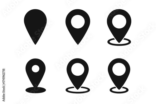 Location pin icon set. Black map markers collection for navigation and destination. Vector graphic of GPS pointer symbols for travel, address, position, and place on a map.