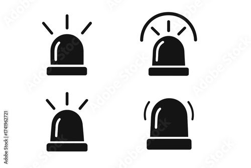 Siren icon set. Emergency rotating beacon light. Police or ambulance alarm flasher symbol. Alert, warning, and urgent signal for safety. Flat vector illustration isolated.