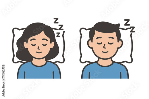 Sleeping man and woman character vector illustration. Couple resting on pillows concept for sleep, health, dreams, and relaxation. Avatar asleep icon in flat design for rest and nap.