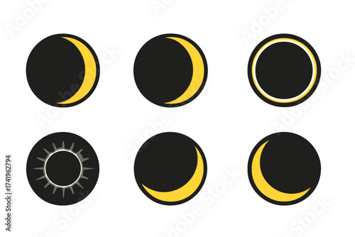Solar eclipse stages vector illustration set. Astronomy icons showing moon transit over the sun, total eclipse with corona, and partial phases. Celestial event infographic elements.