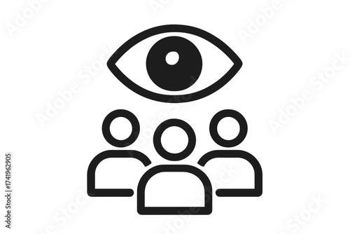 Eye spying on people icon. Surveillance and monitoring concept vector. Big brother is watching you. Metaphor for observation, control, privacy, security, and social supervision.