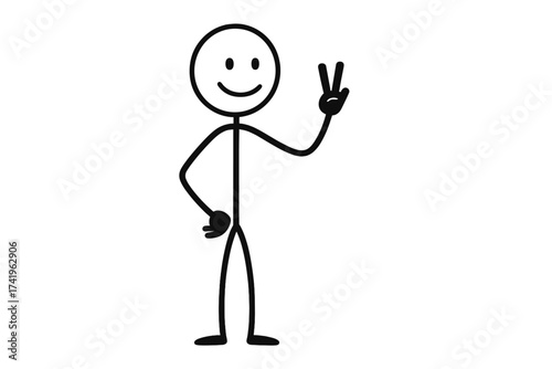 Stick figure showing number two, peace or victory V-sign. Happy stickman making a hand gesture for success. Simple person pictogram counting second. Vector icon illustration.