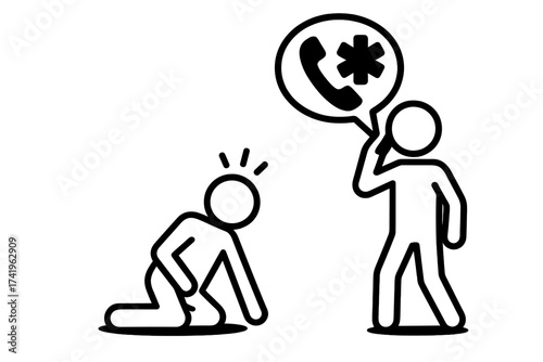 Stick figure calling 911 for an injured person. Emergency call for help after an accident. Medical assistance, first aid, and urgent care concept vector icon illustration.
