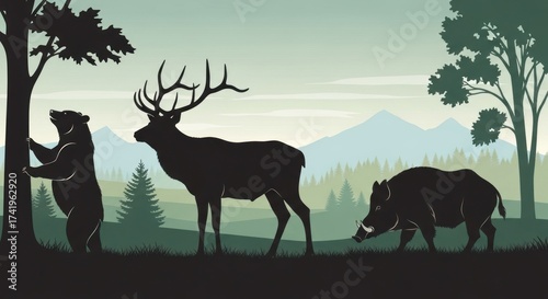 Wildlife Silhouettes: Bear, Elk, Wild Boar in Forest Mountain Landscape - Minimalist Vector Art