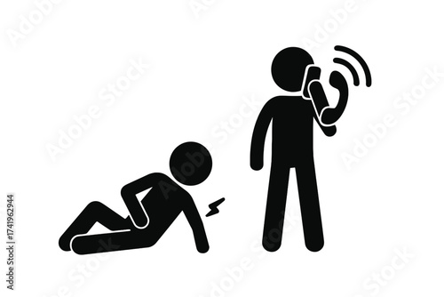 Man calls 911 for injured person. Stick figure pictogram showing an accident and injury. Emergency medical service concept. First aid and rescue. Urgent help needed vector.