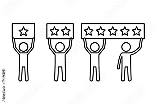 Stick figure characters holding star rating signs. Vector icon set for customer feedback, service review, and satisfaction score. Quality evaluation from one to five stars.