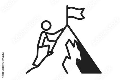 Stickman climbing a mountain to reach a flag on the peak. Concept of goal, success, challenge, ambition, career progress, achievement, and determination. Vector icon.