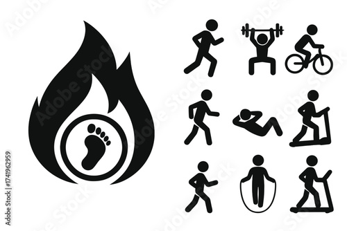 Fitness exercise vector icon set for burning calories and weight loss. Includes running, cycling, weightlifting, gym workout. Stick figure people pictograms for healthy sport.