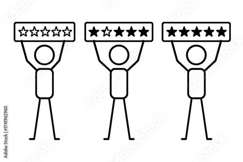 Stick figure people rating 5 stars. Customer satisfaction review vector icon set. Feedback symbol for quality service evaluation. Excellent to poor performance ranking concept.