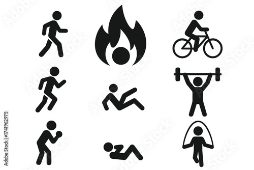 Burn calories for weight loss vector icon set. Flame symbol. Fitness exercise pictograms. Sport, workout, training, cardio concepts. Running, cycling, gym stick figures.