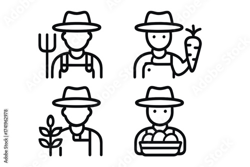 Farmer icon set. Farm worker job and agriculture occupation concept. Vector line illustration of man with pitchfork, carrot, plant and harvest basket. Farming pictogram.