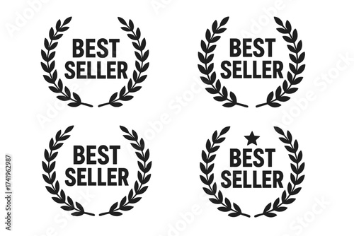 Bestseller laurel wreath vector icon set. Best seller label for quality product sticker. Award winner emblem. Top selling item badge collection. Victory symbol illustration.