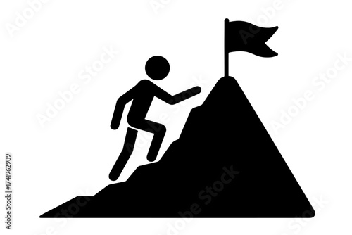 Stickman climbing mountain to reach flag on top. Symbol of success, achievement, goal, and challenge. Concept of career progress, leadership, victory and reaching the aim.