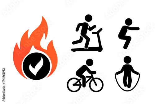 Burn calories for weight loss with this sport exercise vector icon set. Includes a flame symbol for fat burn, running on treadmill, cycling, squats, and jumping rope pictograms.