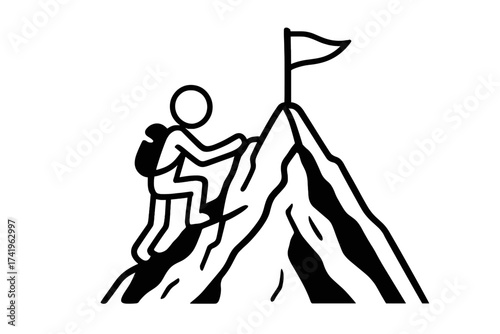 Stickman climbing mountain to the top with flag. Symbol of challenge, aim, goal, success, and achievement. Business concept of reaching target. Vector icon illustration.