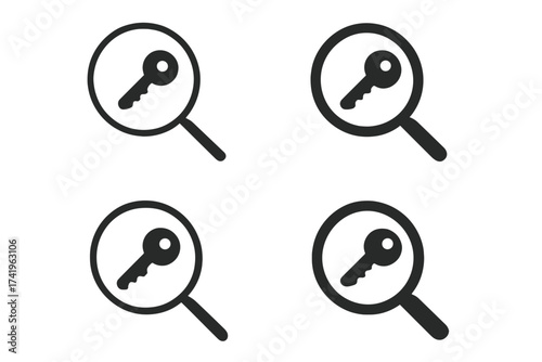 Find key icon set. Magnifying glass over a key symbol. Metaphor for keyword searching, finding a solution, password access, data research, and security discovery concept.