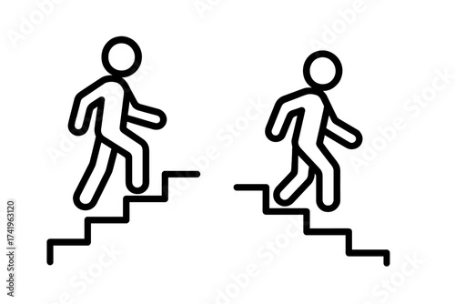 Stickman walking stairs up and down vector symbol. Metaphor for career growth, success, progress or failure and decline. Business concept of promotion, demotion, ambition, challenge.