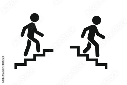 Man on stairs icon. Stick figure walking up and down. Upstairs, downstairs symbol. Career ladder, success or failure metaphor. Growth, progress or demotion concept vector.